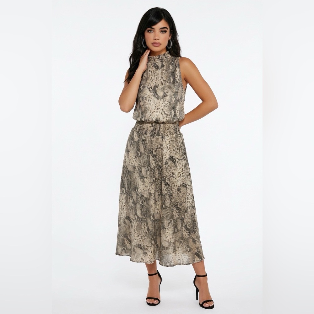 NWT Allison Joy from Evereve high-neck snakeskin smocked waist Macy dress.